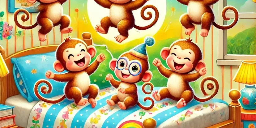 "Five little monkeys happily jumping on the bed, playful and full of energy, for an article about counting monkeys in the song 'Five Little Monkeys' – a fun nursery rhyme for babies.
