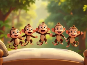 A playful group of monkeys jumping on the bed, bringing the fun and energy of the classic 'Five Little Monkeys' nursery rhyme to life!