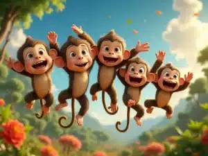 Five little monkeys jumping on a bed outside, surrounded by trees, flowers, and a clear sky.