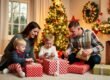 A family of four, two parents and two kids, sitting on the floor by a decorated Christmas tree, unwrapping beautiful gift boxes beside a warm fireplace.